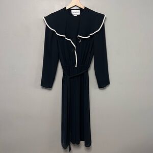 VTG Saks Fifth Avenue Chiffon Sheer Black Belted Dress W/ Collar Glamoratti